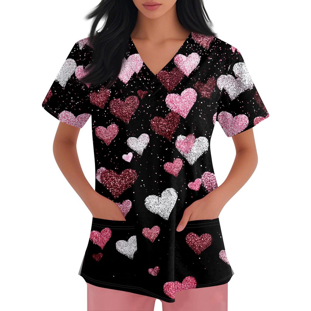 Women's V,neck Valentine's Day Printed Short,sleeved Pocket Side,slit Protective Suit Top