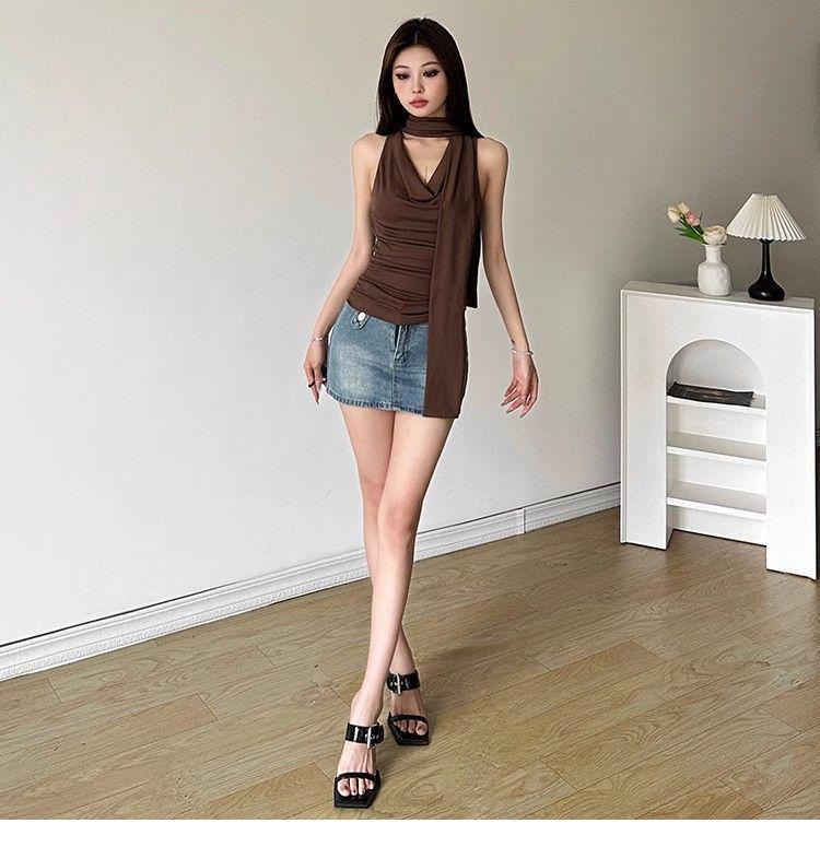 Y2K Style Cowl Neck Tie Halter Tank Top - Women's 2025 Sweet & Cool Summer Vest