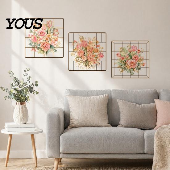 Waterproof Wall Stickers 3 Sheets Spring Flower Sticker, Square Grid Floral Plants Decoration, Peel Stick Art Removable Decal for Home Office
