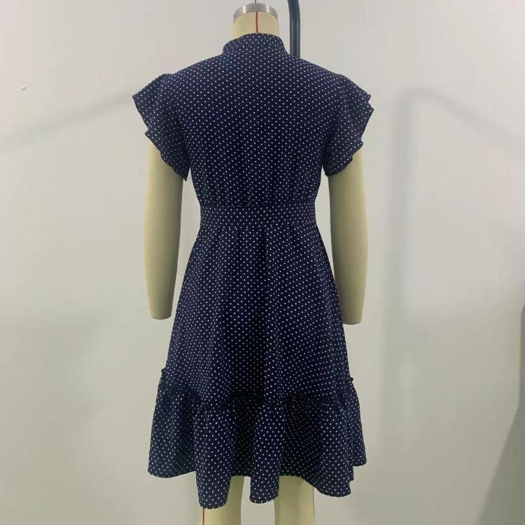 Women Summer Dress High Waist A-Line Lace Up O-Neck Dot Print Short Sleeve Lotus Leaf Midi Dress Sizes S-XL