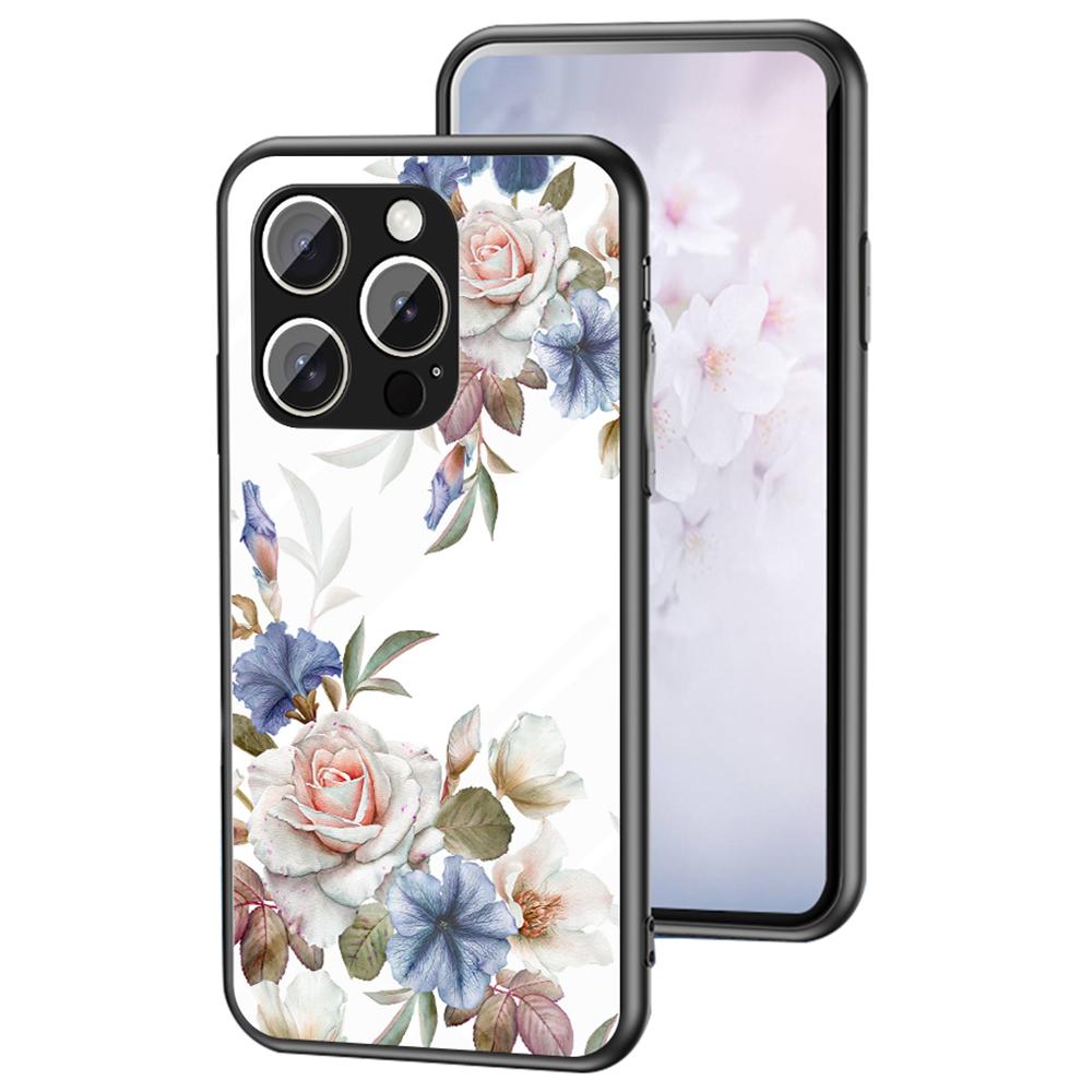 

For iPhone 15 Pro Case Floral Pattern TPU+Tempered Glass Protective Phone Cover White Flower Bush