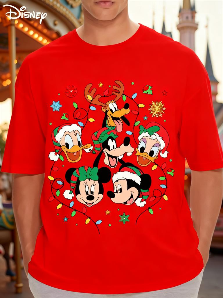 Disney Christmas Cartoon Printed Cotton Tshirt 2026 Mens and Womens Summer New Street Trendy Casual Loose Short Sleeved Top