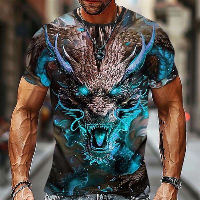 Men's Summer Casual 3D Printed Short Sleeve T-shirt Round Neck Large Size Printed Dragon Pattern Breathable Short Sleeve
