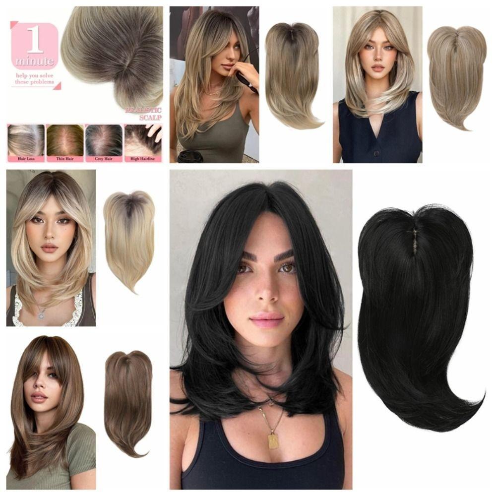 Straight Layered Hair Topper with Bangs Ombre Natural Topper Hairpieces for Women