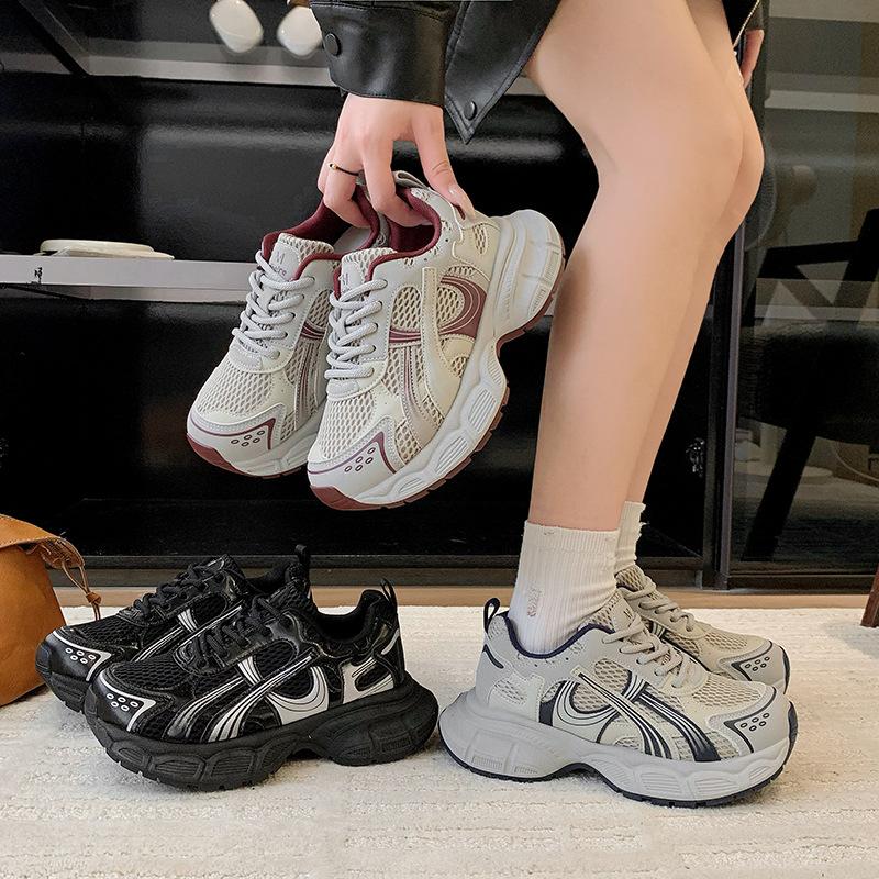 Soft Leather Platform Dad Shoes Women's 2025 New Summer Breathable Mesh Casual Sports Shoes Versatile Running Shoes Women's Shoes