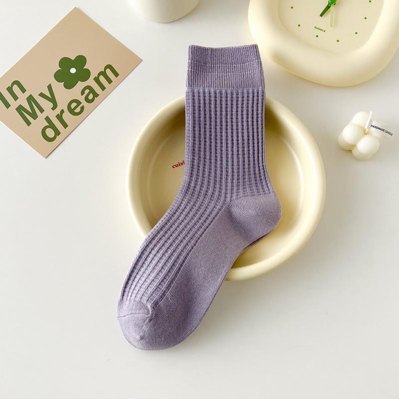 Japanese-Style Cotton Mid-Calf Socks with Waffle Texture and Macaron Fabric Label