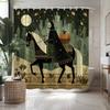 1pc Large Gothic Medieval Knight & Witch Shower Curtain - Horse Rider with Pumpkin, Castle & Moon Design, Dark Green/Brown/Gol