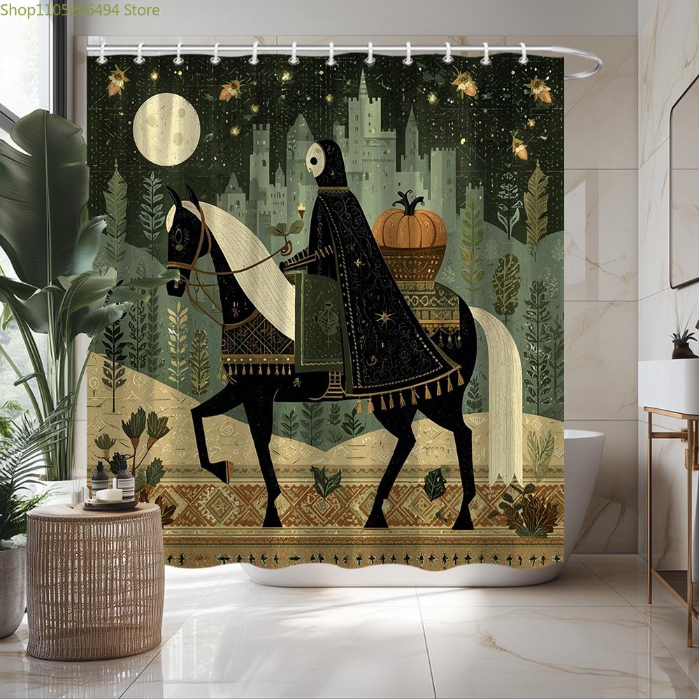 Textile Article Dark/Green/Brown 1Pc Large Gothic Medieval Knight & Witch Shower Curtain - Horse Rider With Pumpkin, Castle & Moon Design, /Brown/Gol