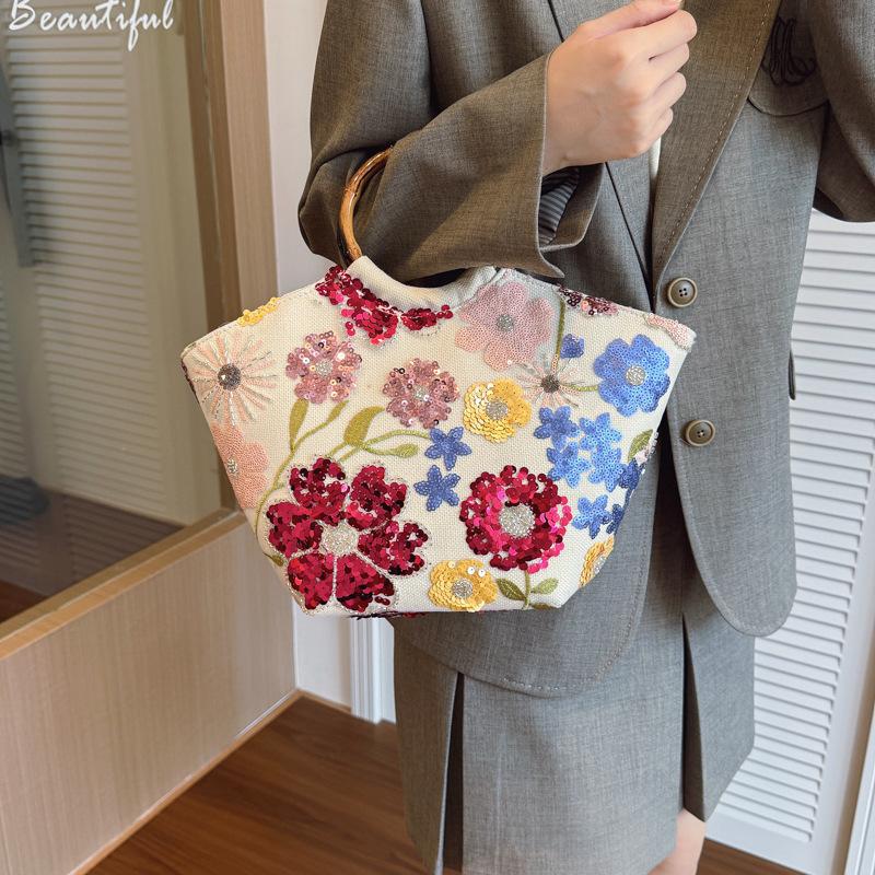 New Chinese Style Bamboo Knot Handbag for Women, New Mesh Embroidery Sequin Decal Holiday Style Tote Bag