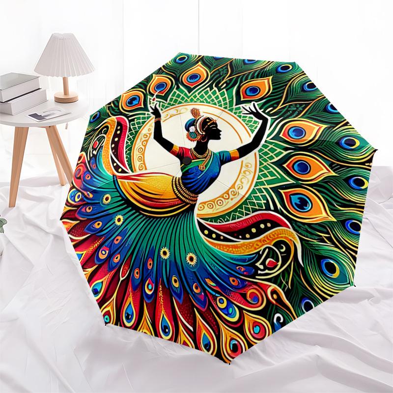 1pc Peacock Feather Design Automatic Folding Umbrella - Portable 3-Fold Design, 8-Rib Iron Frame Outdoor Umbrella, Festival Gift for Fans, Travelers,