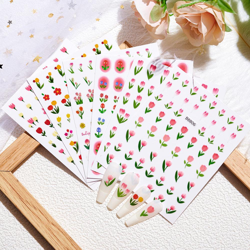 6pcs 3D Elegant Tulip Flower Nail Art Stickers Peach Pink Floral Sliders Adhesive For Nail Decals Manicure Nail Decal Decoration