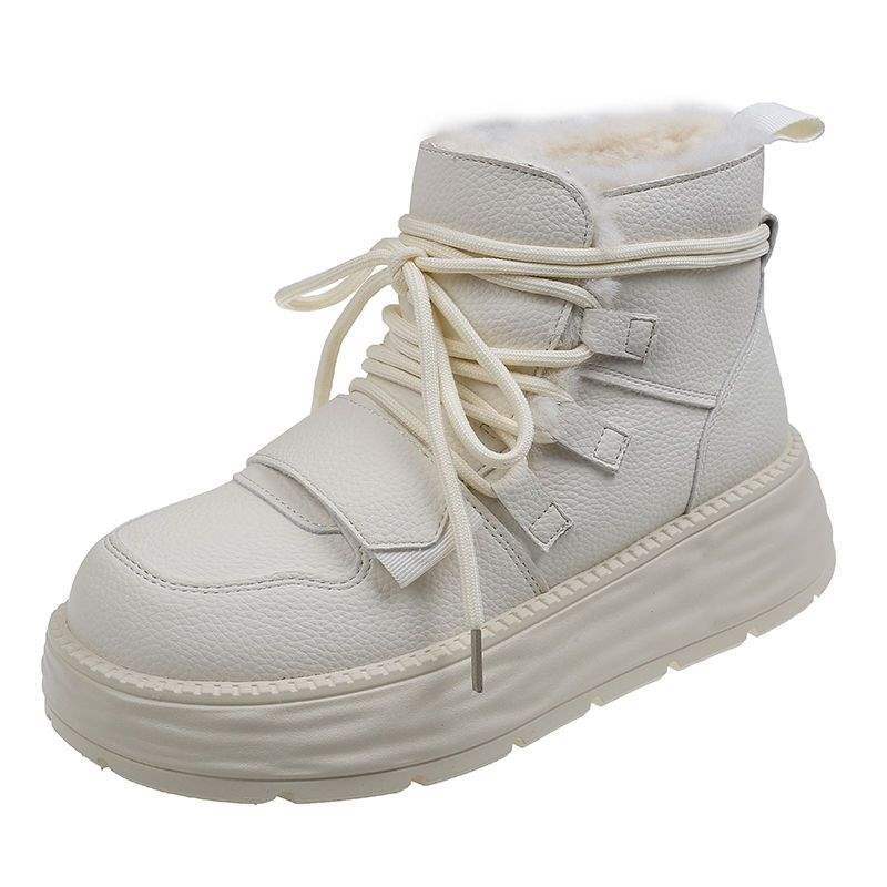 Brand Real Soft Leather Thickened Warm Snow Boots Women's 2025 Korean Version Lace-up Thick-soled Large Cotton Shoes Velvet Short Boots