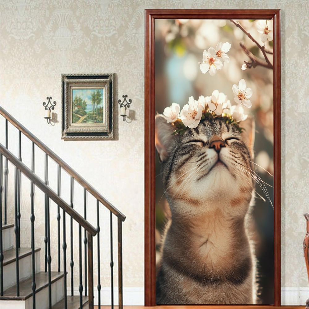 

1 шт. Мила наклейка на двері з вінілу з котиком для спальні, домашнього декору, самоклейна, знімна настінна наклейка, реновація дверей, водонепроникний постер 40x120cm