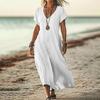 Women's V Neck Short Sleeve Loose Linen Cotton Maxi Dress Solid Crinkle Flowy Long Casual Dress