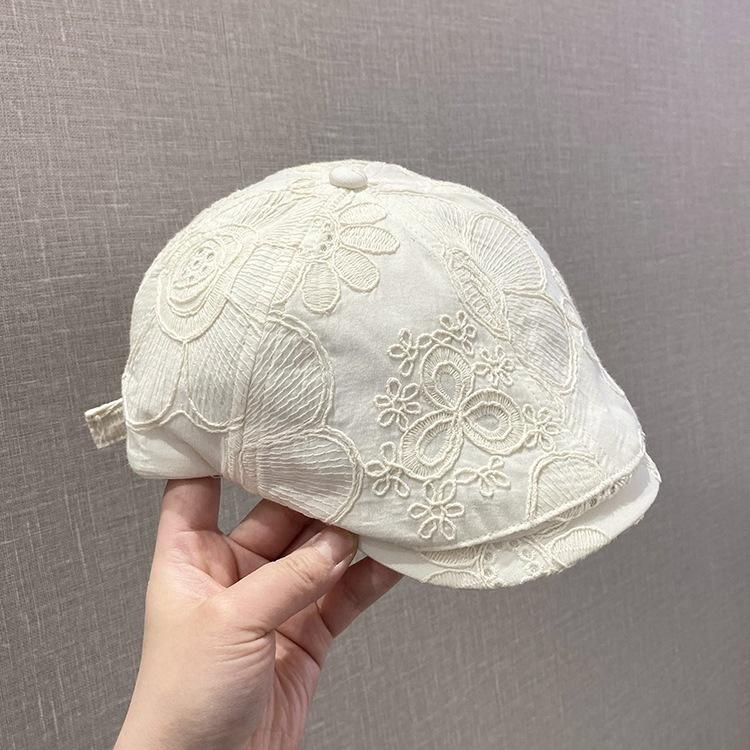 Thin Embroidered Flower Forward Hat Children Spring and Summer Literary and Retro Versatile Breathable Face Ducktongue Beret