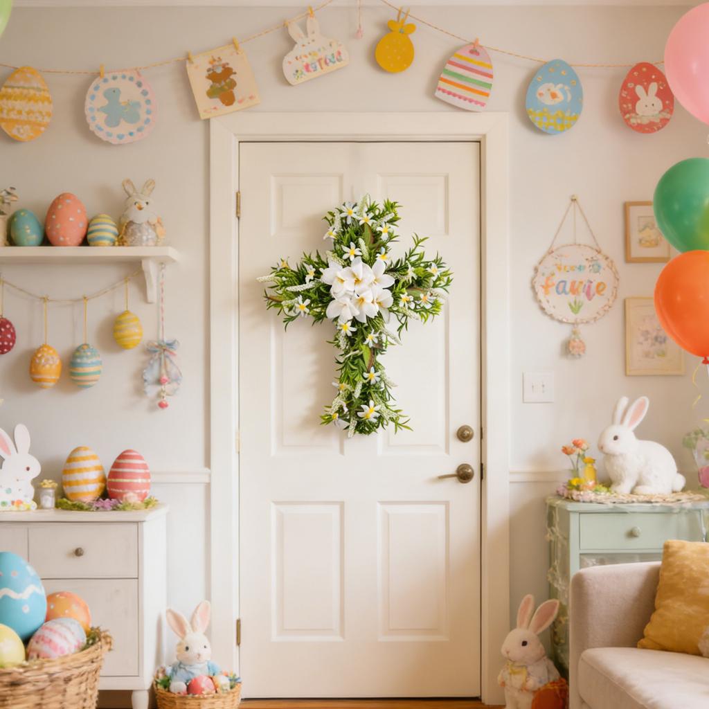 Easter Cross Wreath, Cross Ornament For Holiday Window Display Hanging Decoration