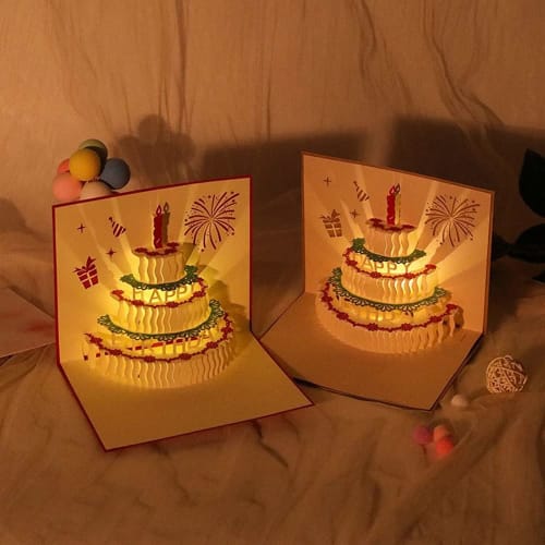 Cake Birthday Card Melody Card with Light 3D 3D Birthday Card Pop-up Card Greeting Card Message Card Birthday Celebration Envelope Included (Gold B)