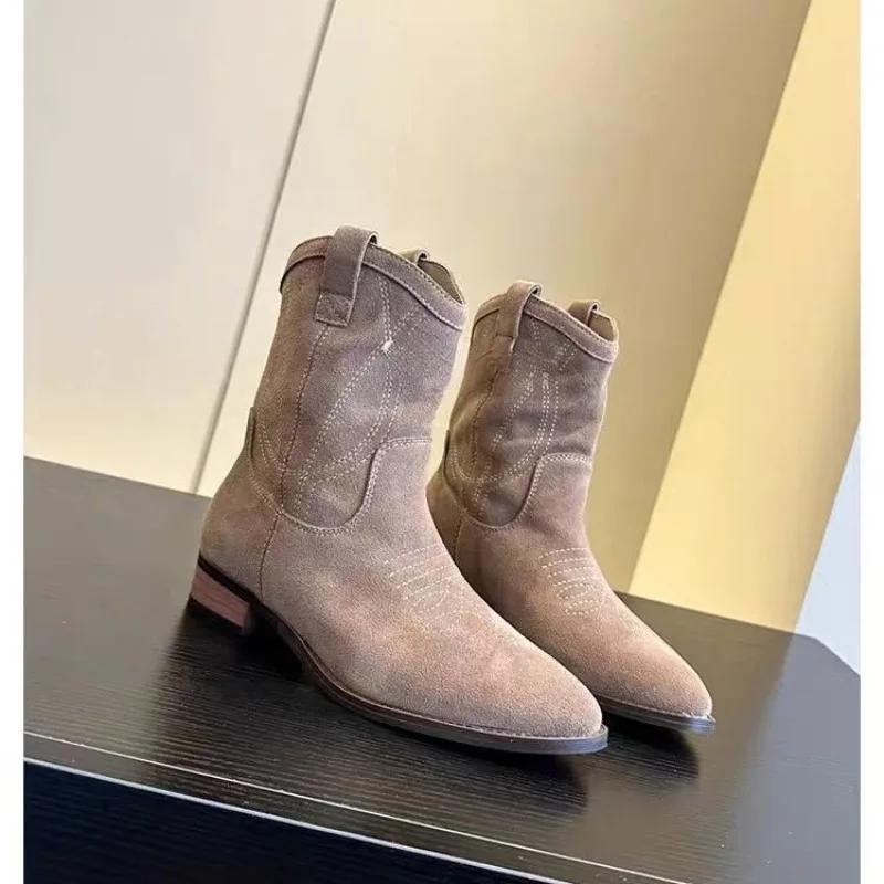 Fashion Autumn Women's Pointed Toe Western Boots Roman Embroidery Chunky Heel Mid Calf Boots for Women Heeled Shoes Casual Women's Boots