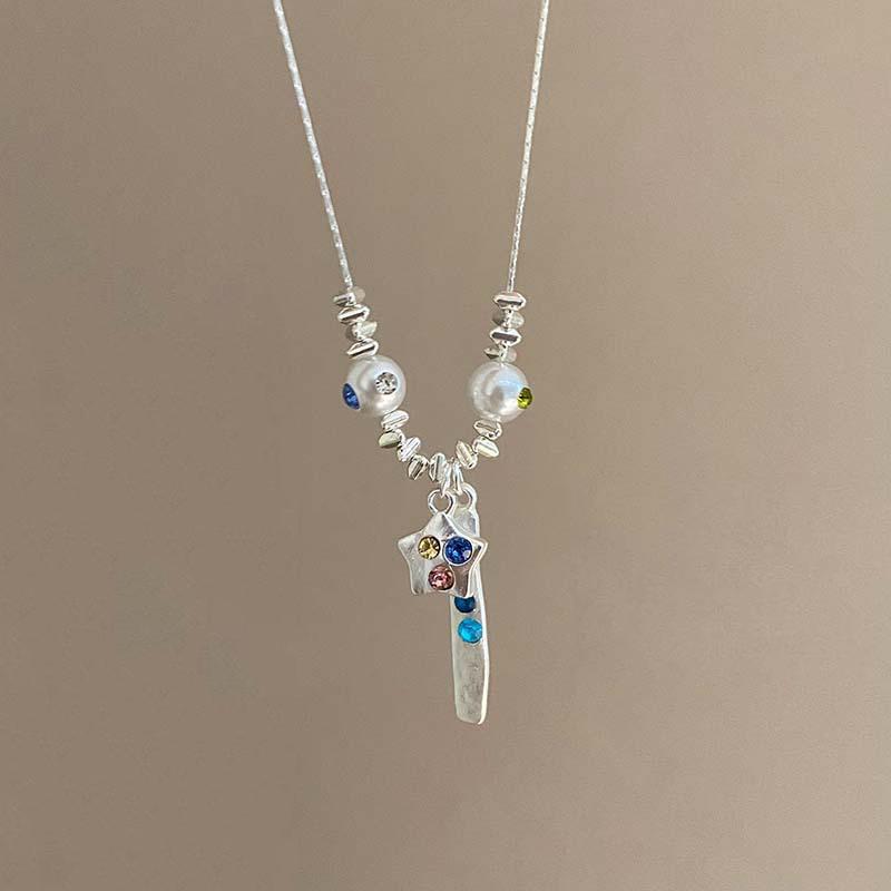 

Aesthetic Colorful Rhinestone Star Pendant Silver Color Pearl Necklace for Women Beaded Neck Chain Y2K Jewelry Accessories