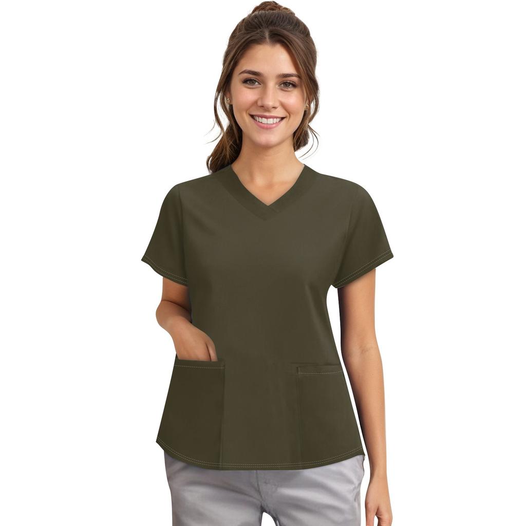 Women's Fashion V-neck Short Sleeve Workwear With Pockets Printed Tops