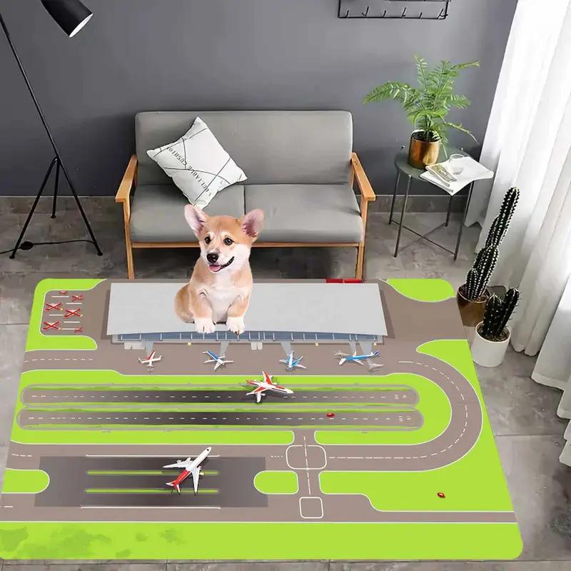 1pcs Kids Play Area Rugs Living Room Airport Landing Strips Top View Airplane Arrival 3D Rug Kids' Bedroom Playroom Decor