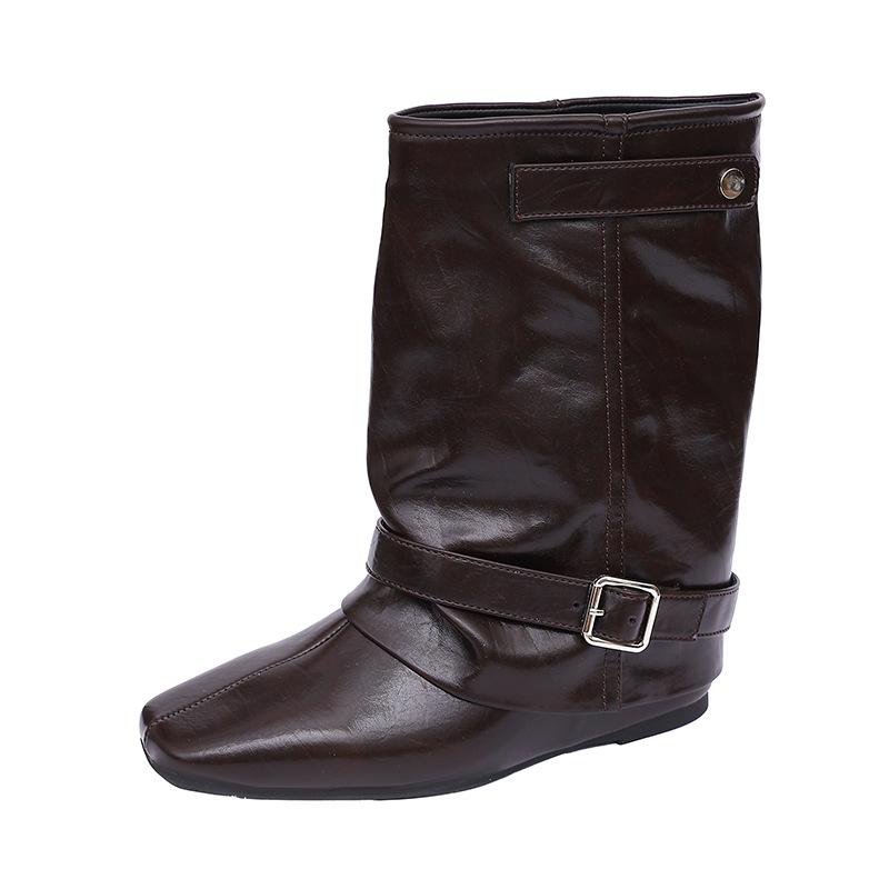 6Cm~ Autumn And Winter Maillard Pile Short Boots Women'S Inner Height Increasing Square Head Folds Skinny Boots Thick Heel Retro