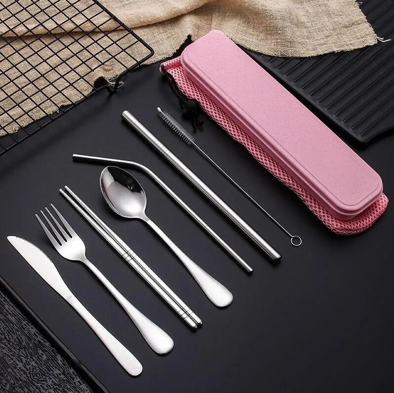 Stainless Steel Flatware Portable Cutlery For Outdoor Travel Picnic Dinnerware Set Metal Straw With Box And Bag Kitchen Utensil FMT2155