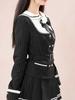 Women's Double-Breasted Black Striped Jacket & Pleated Skirt Set - Japanese Academy Style, Autumn/Winter Collection