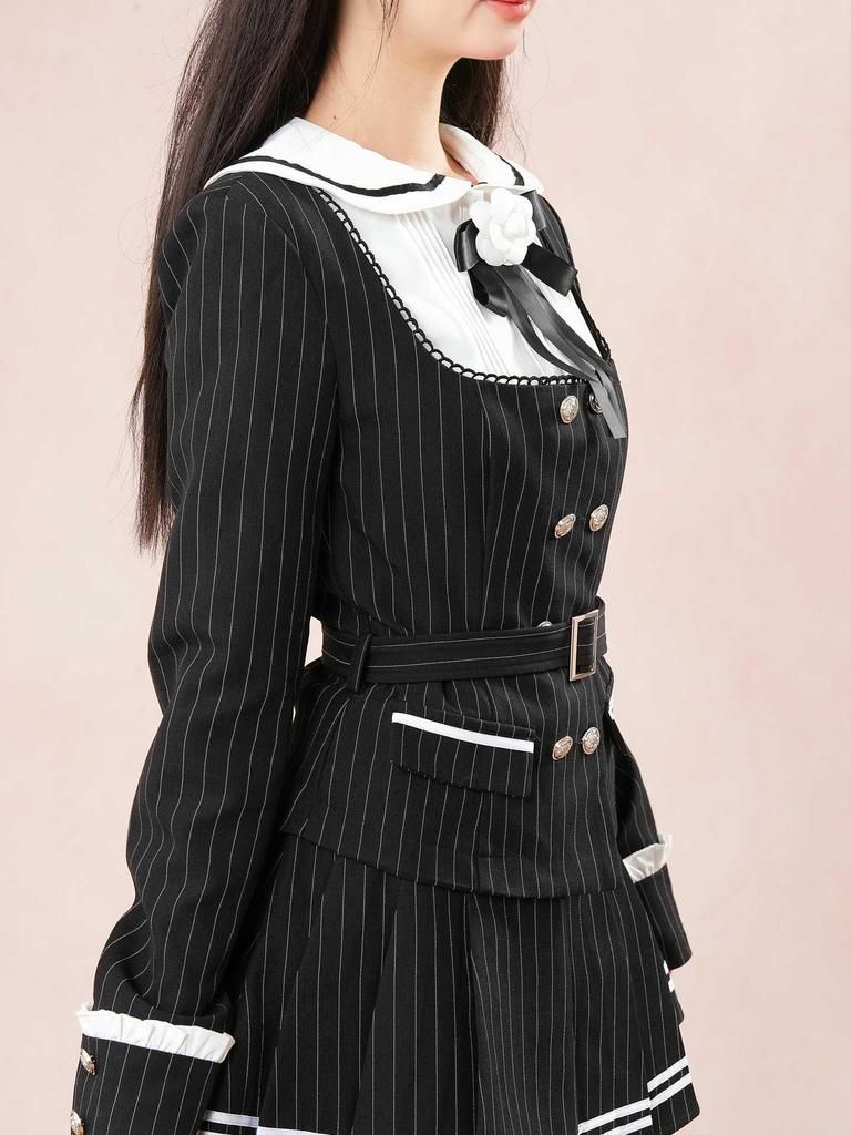 Women's Double-Breasted Black Striped Jacket & Pleated Skirt Set - Japanese Academy Style, Autumn/Winter Collection