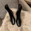 Koreanische Bestellung! Einfach! Braune quadratische Zehenpartie dicke hohe Absätze elastische kurze Stiefel Reißverschluss dünne Single-Stiefel
