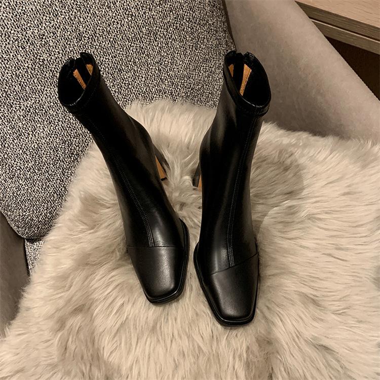 Koreanische Bestellung! Einfach! Braune quadratische Zehenpartie dicke hohe Absätze elastische kurze Stiefel Reißverschluss dünne Single-Stiefel