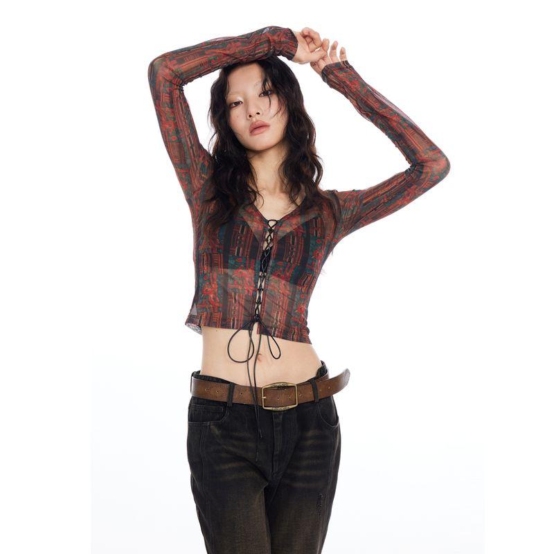 Thelight24 New Arrival Retro Lace Up Totem Print Mesh T-shirt Female Silm Sexy Sexy Figure