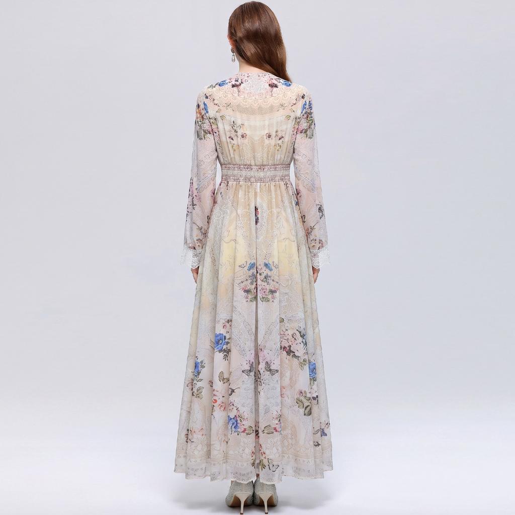 Summer Bohemian Printed Maxi Dress Women Deep V Neck Long Sleeve Lace Trim Cuff High Waist A‑Line Flowy Holiday Party Dress
