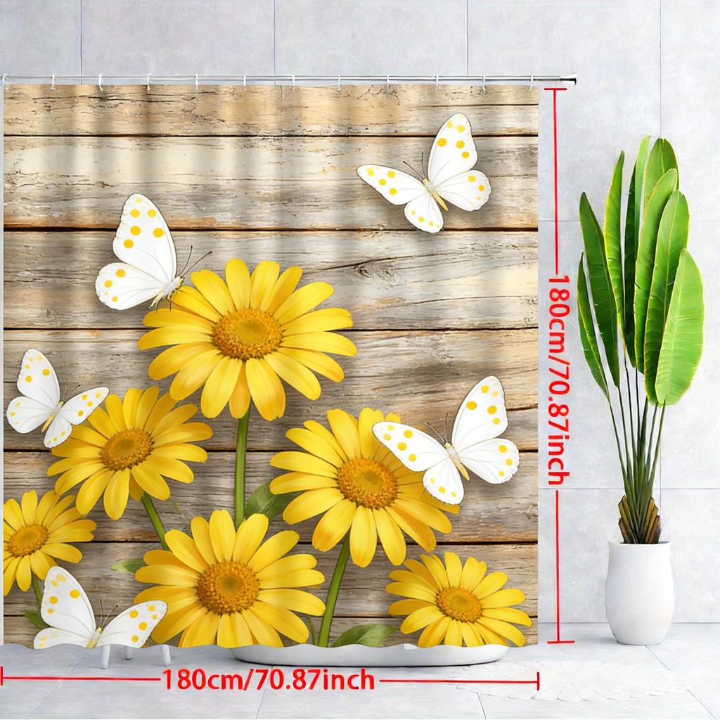 Vintage Pink Roses & White Butterflies On Rustic Wooden Planks Waterproof Shower Curtain For Bathroom Decor