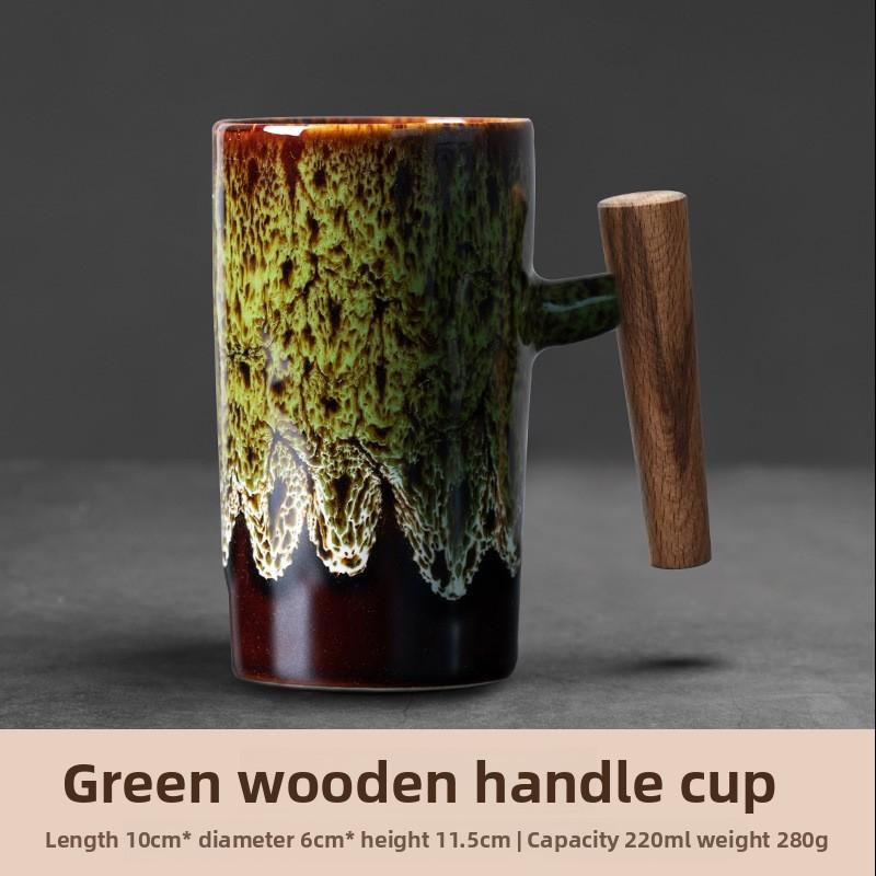 Vintage Ceramic Mug with Wooden Handle Japanese Style Coffee Cup for Couples Home Use