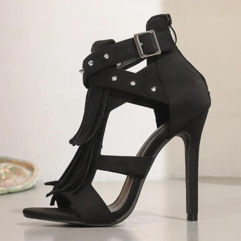 Aneikeh Summer Fashion Woman Sandals Boots Peep Toe Round Toed Tasse Rivet Buckle Decorative Zipper Stiletto High Heels Shoes