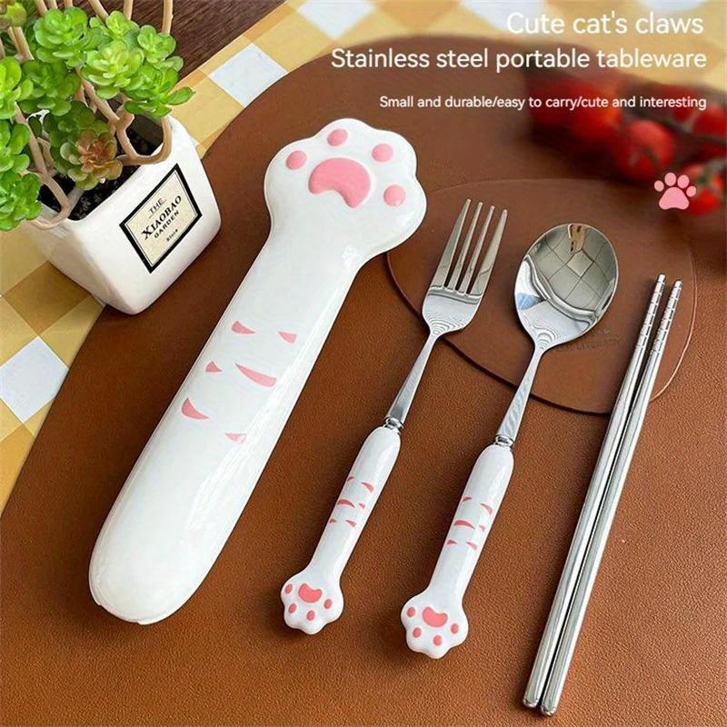 Cute Cat Paw Cutlery Set Stainless Steel Fork Spoon with Storage Box Dinnerware Tableware Silverware Lunch Portable Tableware
