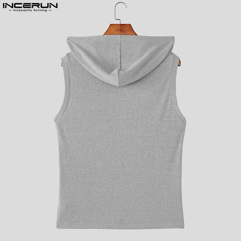INCERUN Men Sleeveless Zip-up Rib Casual Hooded Tank Tops 