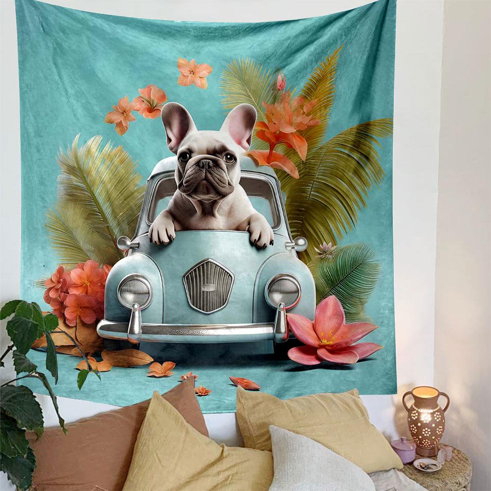 French Bulldog in Retro Car with Flowers Patterned Tapestry Decorative Wall Hanging, Home Bedroom Living Room Decor