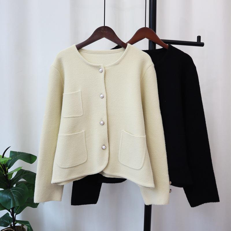 Crew neck knitted double-sided cardigan autumn and winter new loose temperament sweater jacket women