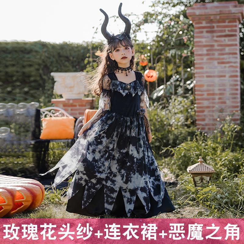 Halloween Children's Costume Ghost Bride Dress Witch Long Dress Stage Children's Costume Gothic Elf Performance Costume