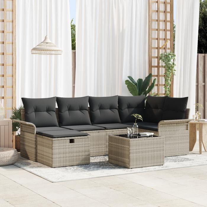 Ensemble de 7 Pièces de Canapé de Jardin avec Coussins en Poly Rotin Gris Clair, Canapé de Jardin 2 Places avec Rangement 3360223