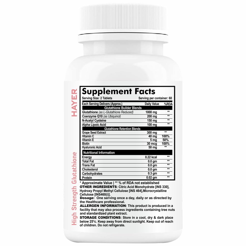 HAYER Glutathione 1000mg Tablets with Vitamin C, E & Biotin — Skin Glow & Brightening Antioxidant Supplement for Radiant, Even-Toned Skin, Anti-A