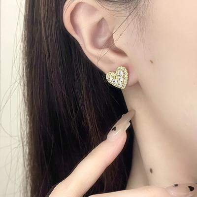 French Full Diamond Zircon Love Earrings, Niche Design, High-End Earrings, Feminine Stud Earrings