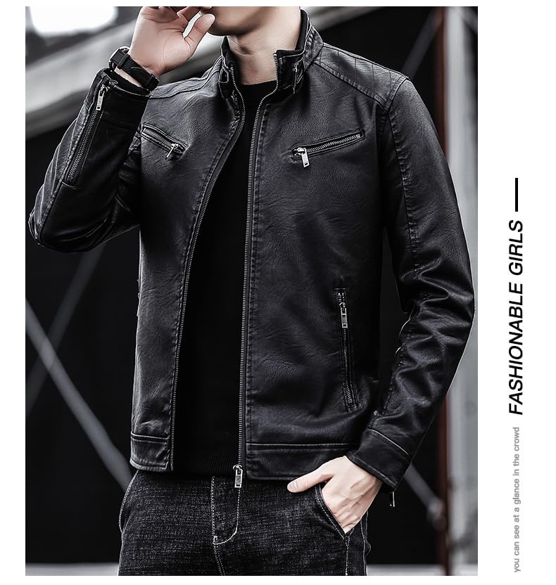 NOMSOCR Leather Biker PU Plus Men's Jacket, Outerwear, Blouson, Leather, Stand-Up Collar, Windproof, Simple, Sizes, Spring/Autumn (XL, Black)