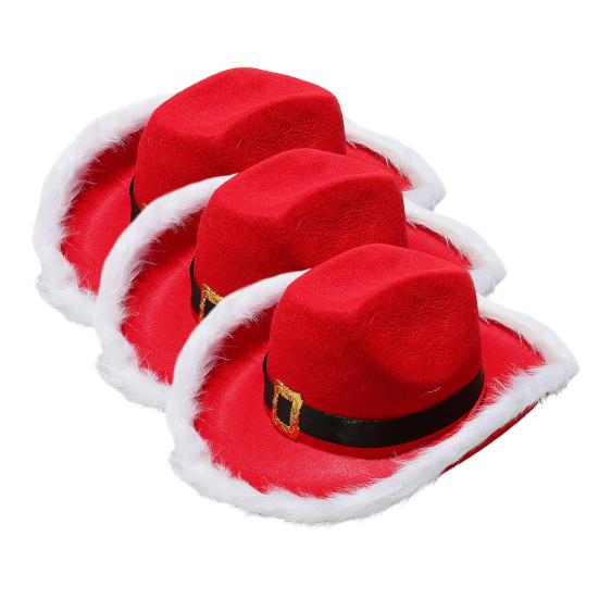 Cowboy Hat Christmas Themed White Furry Trim Soft Felt Material Jazz Top Hat Adjustable Red Tie Party Hat