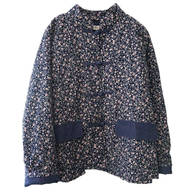 Johnature Parka da donna con bottoni in stile cinese Parka invernale a maniche lunghe con stampa floreale cappotti blu più parka in cotone