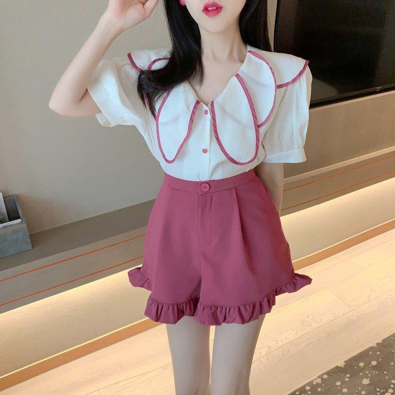 Women's 2025 Summer Casual Korean-Style Pleated Wide Leg Ruffle Hem Shorts