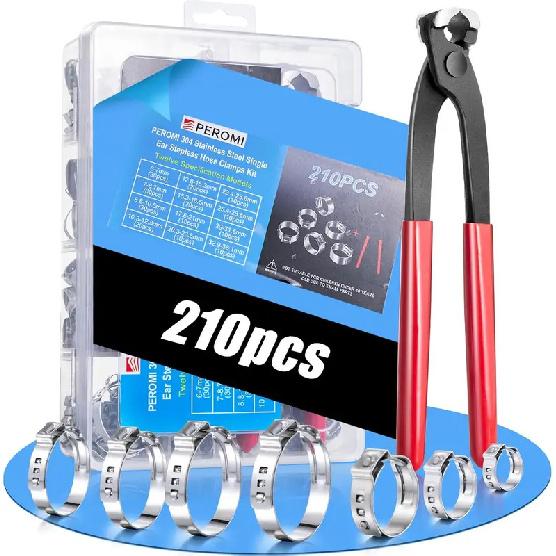 210PCS 304 Stainless Steel Single Ear Hose Clamp Assortment Kit - 12 Sizes 6-36.1mm Stepless Adjustable Cinch Clamps with Pincer 210PCS
