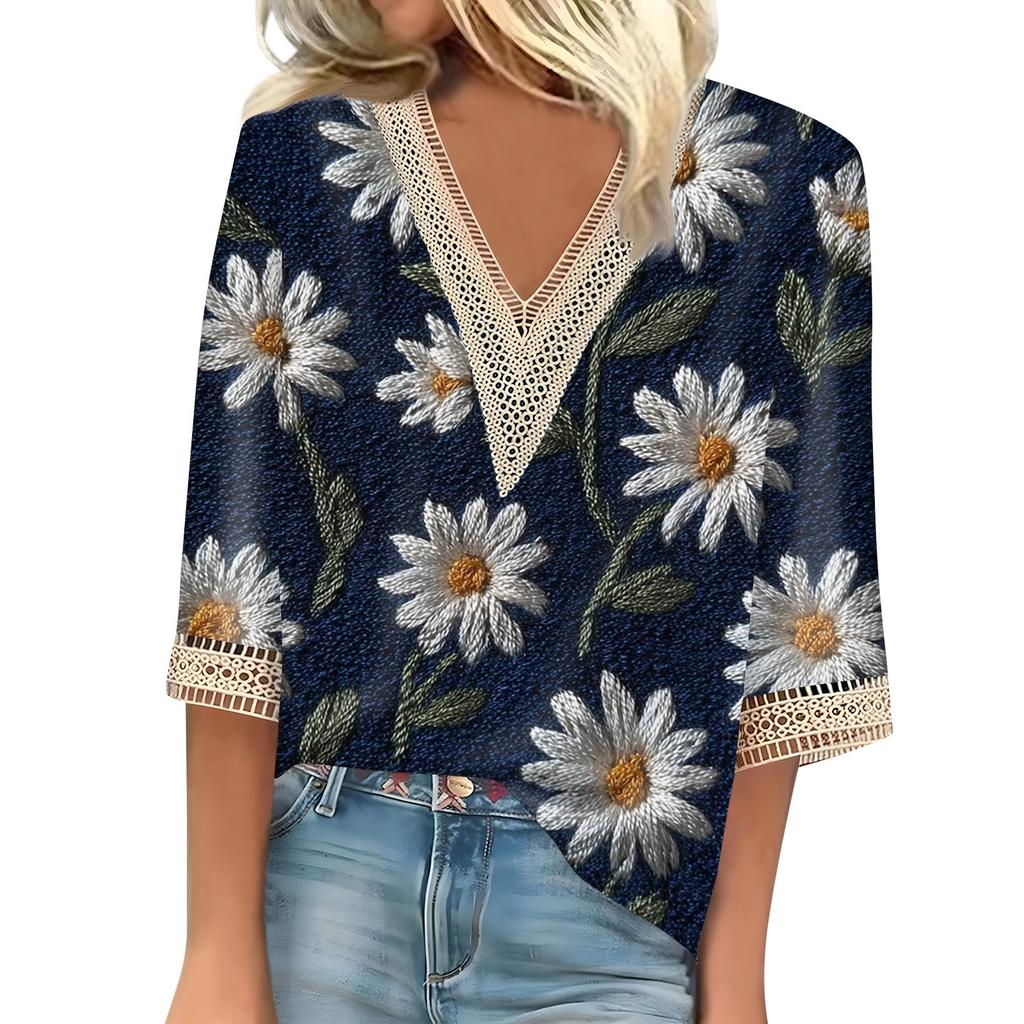 Women's Shirt Blouse Casual Loose Shirts 3/4 Sleeve Lace Trims Print V Neck Tops Print Tops T-shirts Tee
